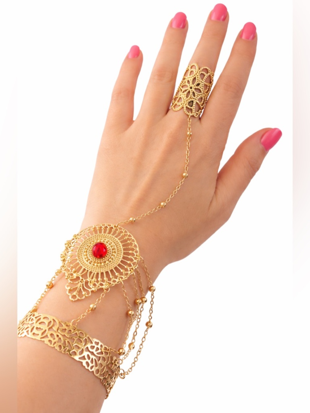 Gold Tone Hand Chain Bracelet Ring Set‎ Boho Filigree Red Stone Festival